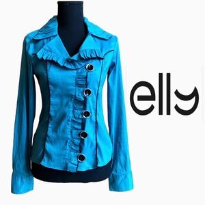 ELLY Blouse Turquoise Black Piping Ruffle (Euro 40/Small)
